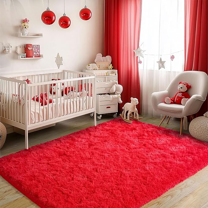 Red Fluffy Rug Plush Carpet for Bedroom Dorm, Non-Slip High Pile Rug, Shag Rug for Playroom Nursery Home Office Decor 5X7Ft