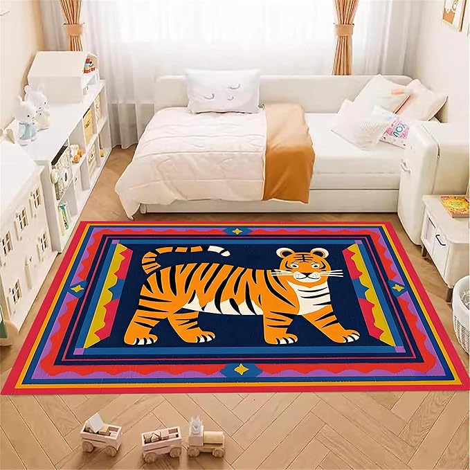 Cartoon Tiger Area Rug, 4x5ft,Tiger Theme Decorative Rug Suitable for Living Room Sofa Area, Modern Abstract Non-Slip Washable Tiger Pattern Rug Suitable for Bedroom Children's Room Decoration