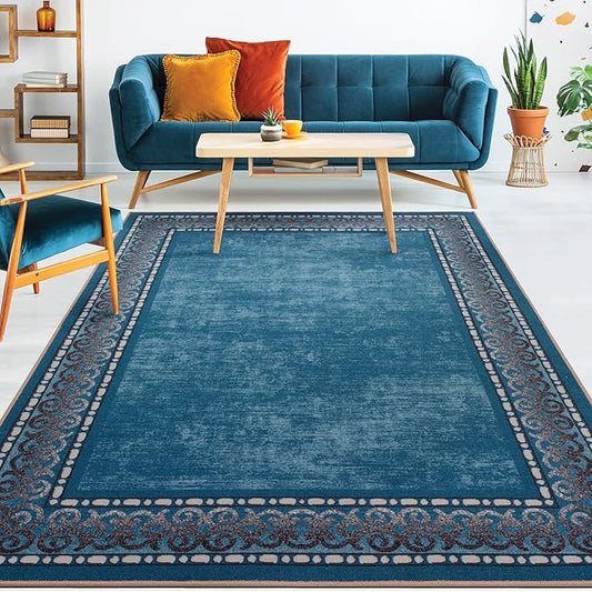 Antep Rugs Alfombras Bordered Modern 3x5 Non-Slip (Non-Skid) Low Pile Rubber Backing Indoor Area Rug (Turquoise Blue, 3' x 5')