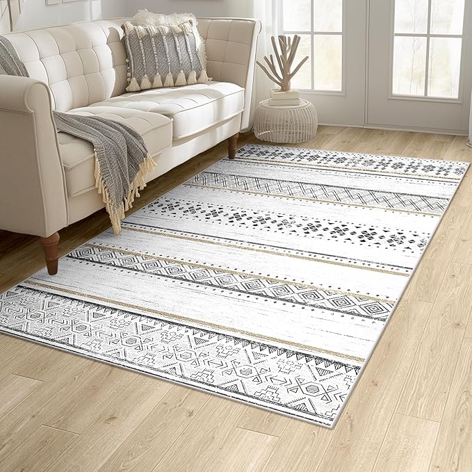 BESTSWEETIE 3x5 Area Rugs for Living Room Washable Moroccan Farmhouse Neutral Geometric Low Pile Non-Slip Soft Print Pattern Rug for Bedroom Kitchen Dining Room Entryway Black/Brown