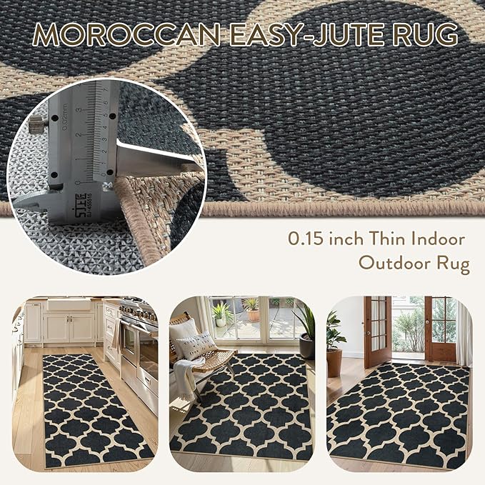 Lahome Moroccan Outdoor Rug 5x7, Easy Jute Black Washable Rugs for Patio Living Room, Geometric Trellis Woven Area Rug Non Slip for Backyard, Thin Non Shedding Farmhouse Carpet for Bedroom
