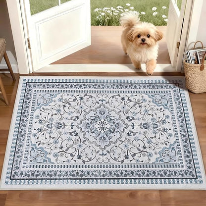 2' x 3' Blue Washable Area Rugs, Non-Slip Entryway Rug, Boho Low Pile Door Mat Indoor Entrance, Floral Medallion Pattern Vintage Rugs for Kitchen Bedroom Bathroom Laundry Living Room Farmhouse