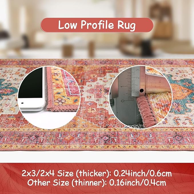 Moynesa Ultra-Thin Washable Round Rug - 6ft Pink Large Living Room Circle Area Rugs, Vintage Dining Room Mat Stain Resistant Nursery Carpet for Bedroom Mudroom Kitchen Apartment Home Office