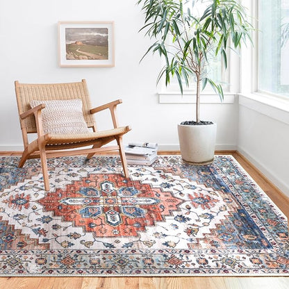 COMSLE Area Rug 4x6 Faux Wool Rugs for Kitchen, Boho Washable Throw Rugs Non-Slip Distressed Carpet Soft Accent Floor Rug for Bedroom, Living Room, Laundry Room (Rust Red)