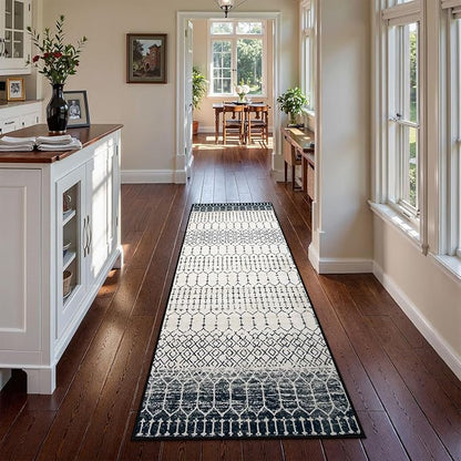 Lahome Moroccan Washable Runner Rug 2x6, Black Stain Resistant Non-Slip Kitchen Rug Runner, Ultra-Thin Geometric Print Distressed Floor Carpet for Entryway Laundry Bedroom