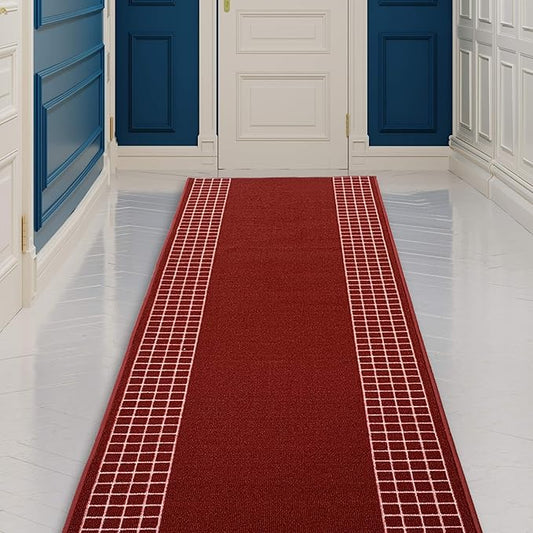 Custom Made Runner Rug for Kitchen Foyer Hallway Entry Choose Your Length 26 Inch Wide Geometric Checkered Design Red Color (16 feet x 26 inch)
