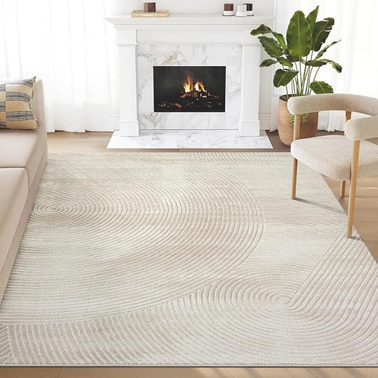 Abani Neutral Beige Area Rug 9' x 12' for Living Room, Bedroom - Zen Reiki Circles Pattern - Durable & Easy to Clean