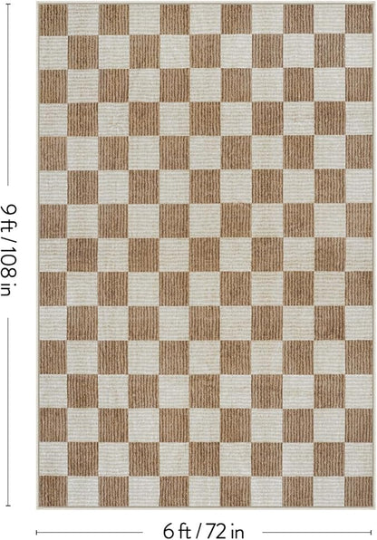 LIVEBOX Machine Washable Area Rug 6x9 Checkered, Non Slip Soft Large Bedroom Living Room Rug Farmhouse Neutral Classic Geometric Boys Rug, Indoor Carpet for Den Dorm Playroom(Brown,6'x9')