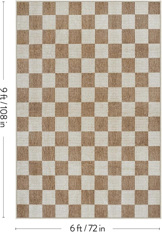 LIVEBOX Machine Washable Area Rug 6x9 Checkered, Non Slip Soft Large Bedroom Living Room Rug Farmhouse Neutral Classic Geometric Boys Rug, Indoor Carpet for Den Dorm Playroom(Brown,6'x9')