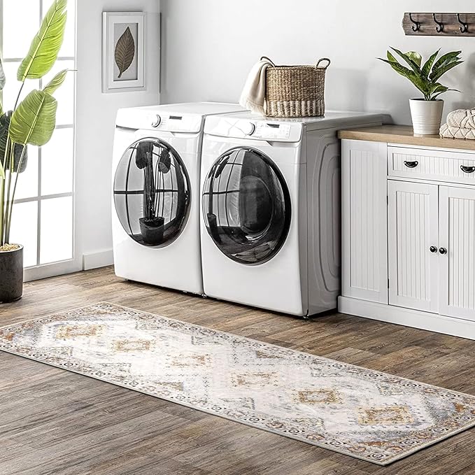 COMSLE Boho Runner Rug, 2x6 Washable Rugs for Hallway Faux Wool Small Throw Rug Distressed Kitchen Area Rug Non-Slip Laundry Room Rug Carpet Runner for Entryway Indoor Bedroom (Khaki)