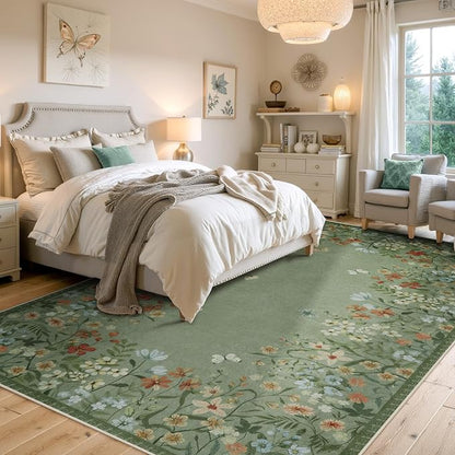 Wonnitar Washable Area Rug 6x9, Green Floral Living Room Rugs, Non-Slip Soft Dining Room Table Rug, Botanical Bedroom Rug Floor Carpet for Mud Room Basement (Green,6'x9')
