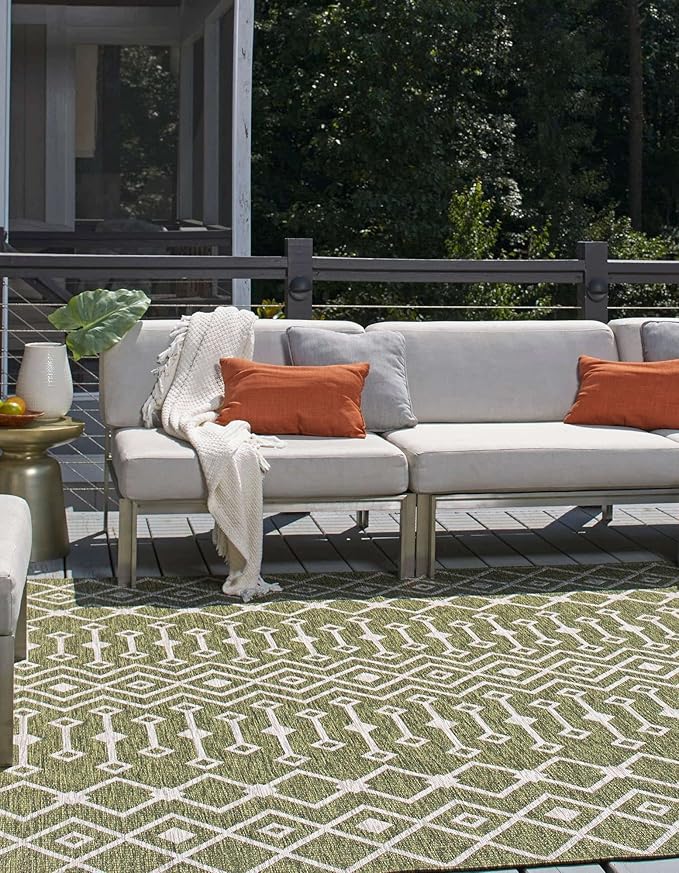 Unique Loom Outdoor Trellis Collection Area Rug - Tribal Trellis (10' 8" Square, Green/ Natural)