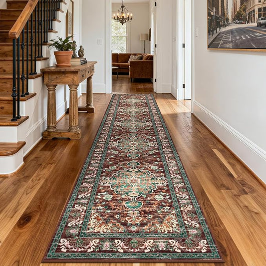 U'Artlines 3' x 14' Boho Hallway Runner Rug, Rust Non Slip Washable Vintage Farmhouse Accent Rug Carpet for Kitchen Entryway Laundry and Living Room (Rust＆Teal)