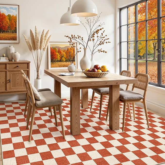 LIVEBOX 8x10 Area Rugs for Living Room, Checkered Non-Slip Washable Rugs, Farmhouse Neutral Classic Halloween Pattern Large Boys Area Rug for Bedroom, Carpet for Dining Room Office(Orange,8'x10')