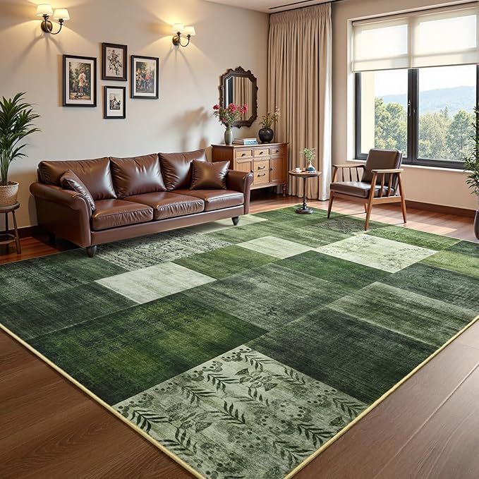 DweIke Large Modern Washable Area Rugs 8x10, Living Room Rug Non-Slip and Non-Shedding Large Rugs for Bedroom, Low Pile Indoor Rubber Backed Carpets for Dining Office Home Decor, Green