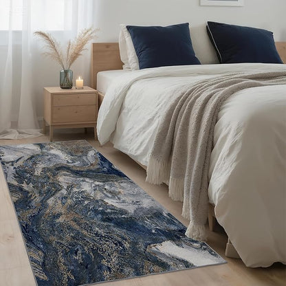 3x5 Blue Area Rug: Modern Abstract Washable Rugs for Entryway Kitchen Bedroom Indoor - Non-Slip Stain Resistant Thin Low Pile