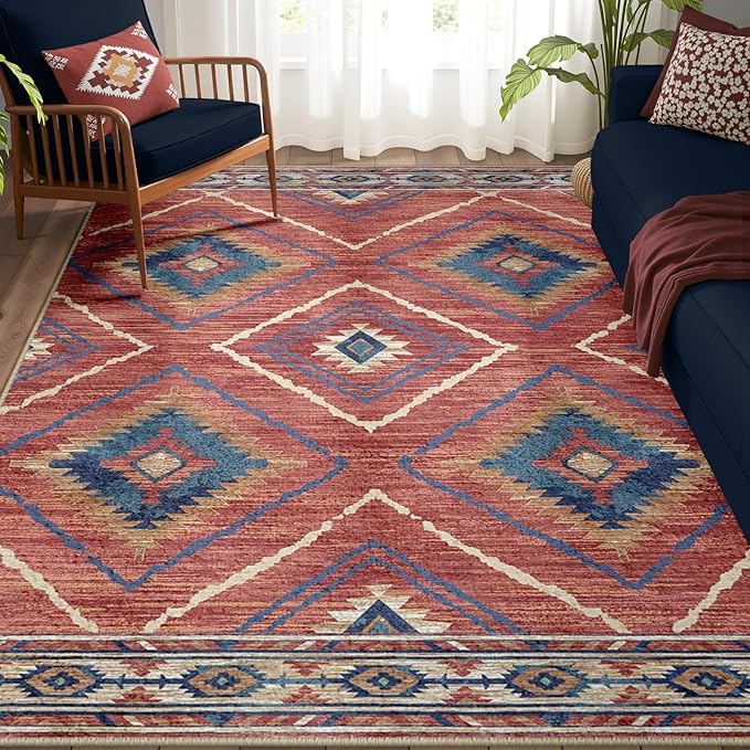 Area Rug 6x9 Rug Machine Washable Non-Slip Low Pile Print Pattern Western Rug for Living Room Bedroom Entryway Tribal Series -Red/Orange