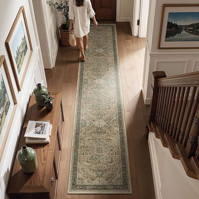 Moody 3x10 Long Hallway Runner Rug, Vintage Distressed Medallion Carpet Runners for Entryway, Low Pile Thin Runner Rug Non Slip Washable for Kitchen/Mudroom/Foyer/Bedroom, Multi Brown/Olive