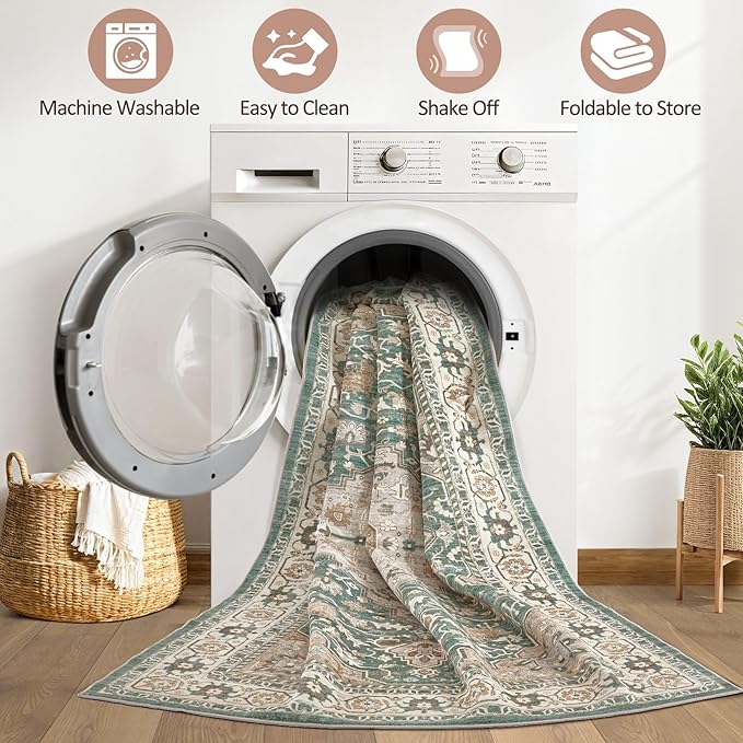 Green Rug Living Room Rugs: 10x12 Washable Boho Large Vintage Soft Stain Resistant Farmhouse Oriental Non Slip Indoor Floor Carpet for Bedroom Nursery Kids Playroom Office Dining Room Home Decor