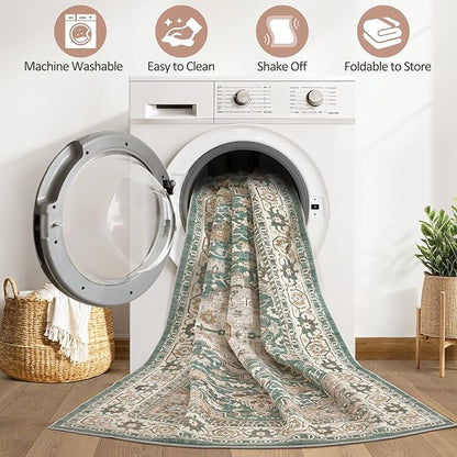 9x12 Area Rug Living Room: Machine Washable Boho Large Vintage Soft Rugs Stain Resistant Farmhouse Oriental Non Slip Indoor Floor Carpet for Bedroom Nursery Kids Playroom Office Dining Room- Green