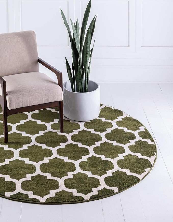 Rugs.com Lattice Collection Rug – 6 Ft Round Dark Green Medium Rug Perfect for Kitchens, Dining Rooms