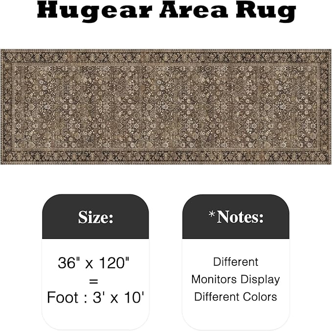 HUGEAR 3x10 Runner Rug Machine Washable Brown Hallway Area Rug Indoor Accent Rug Floral Low Pile Carpet Soft Throw Rug Bedroom Living Room Office Dining Room Kitchen Laundry Room Non Slip