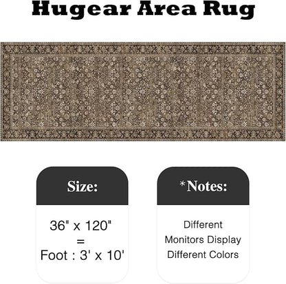 HUGEAR 3x10 Runner Rug Machine Washable Brown Hallway Area Rug Indoor Accent Rug Floral Low Pile Carpet Soft Throw Rug Bedroom Living Room Office Dining Room Kitchen Laundry Room Non Slip