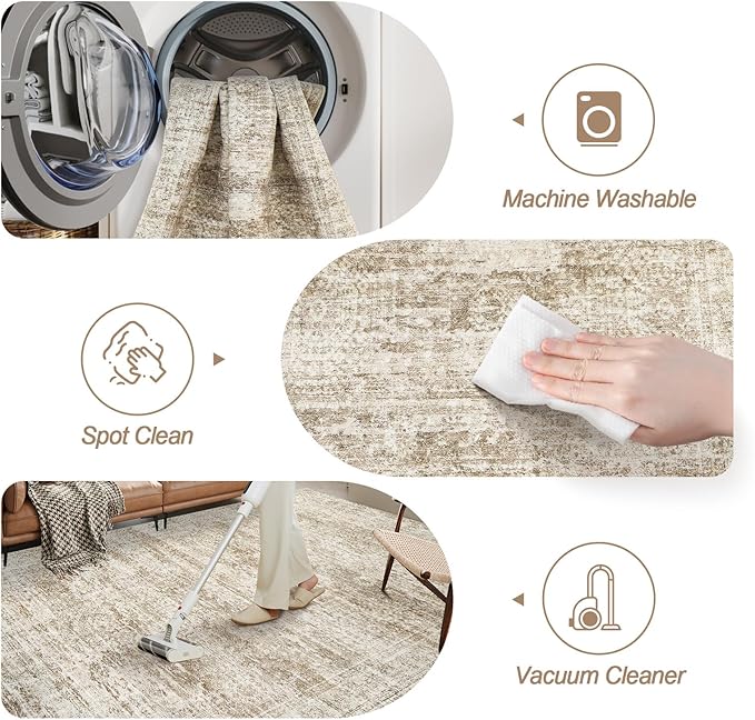 9x12 Area Rugs for Living Room, Non Slip Machine Washable Vintage Rugs, Low Pile Lightweight Large Rug for Bedroom, Dining Room, Home Office Brown