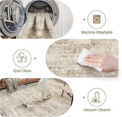 10x14 Area Rugs for Living Room, Non Slip Machine Washable Vintage Rugs, Low Pile Lightweight Large Rug for Bedroom, Dining Room, Home Office Brown