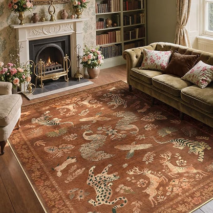 Moynesa Orange 8x10 Living Room Rugs, Vintage Peacock Floral Washable Area Rugs for Bedroom Dining Room Office Study, Low Pile Soft Non-Slip Easy Care Carpets for Fall Winter Home Decor