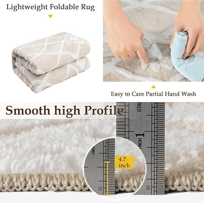 Ivory 4x6 Area Rug Moroccan Shag Office Washable Carpet Soft Non Shedding Neutral Boho Doormat Plush Pile Modern Throw Rug for Entryway Kitchen Dining Room Bedroom Living Room