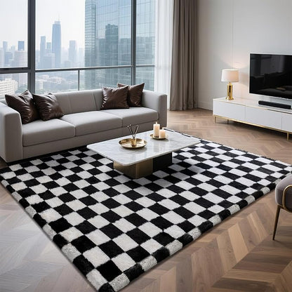 6x9 Area Rugs for Living Room Bedroom, Soft Fluffy Shaggy Bedside Rug, Indoor Floor Carpet for Kids Playroom, Dorms, Nursery Rooms, Home Decor (Black & White 6'x9')