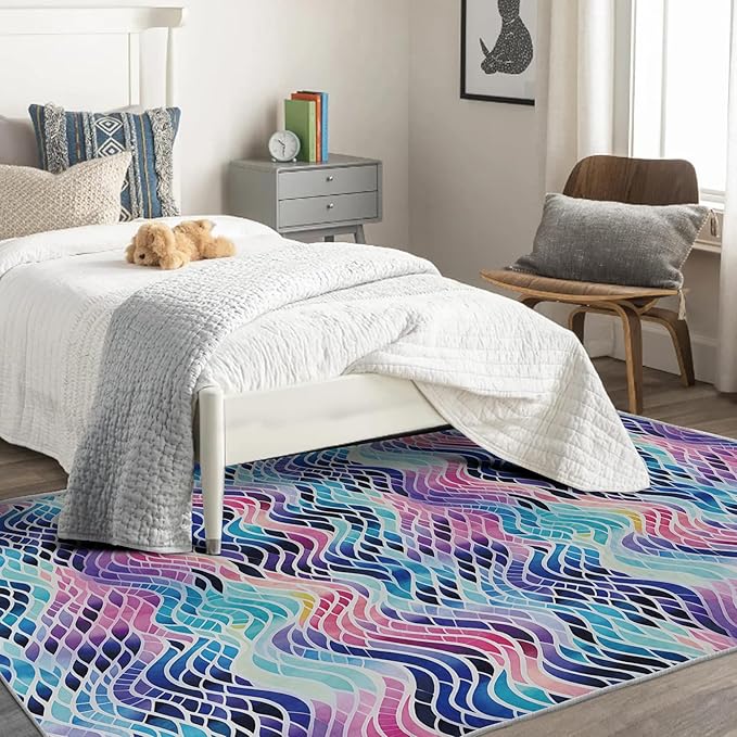 Colorful Wave Rug, 3x5 Rug, Abstract Watercolor Rugs for Entryway, Watercolor Small Area Rug, Washable Rug Non Slip Soft Indoor Carpet, Kids and Pets Friendly, Colorful Wave Home & Room Decor