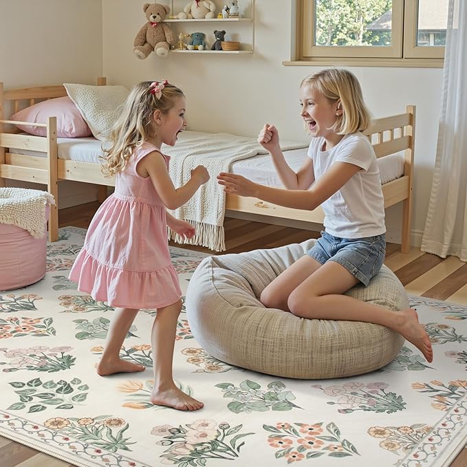 Wonnitar 5x7 Rug for Bedroom Decor, Washable Nursery Rug for Baby, Neutral Ultra-Thin Non Slip Floral Print Carpet for Kids Room Farmhouse Living Room Office, Cream Beige