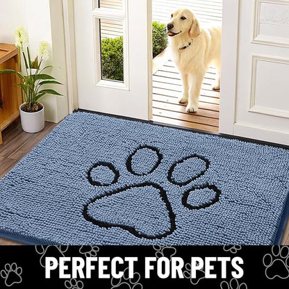 Smiry Dog Door Mat for Muddy Paws, Absorbent Dirt Trapper Non Slip Quick Dry Washable Chenille Mat for Mud Dogs, Entry Rug for Indoor and Outdoor (30x20 Inches, Airy Blue and Black)