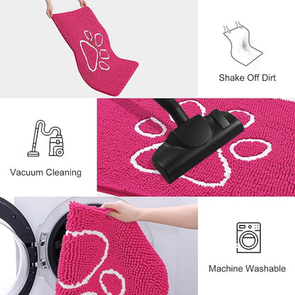 Smiry Dog Door Mat for Muddy Paws, Absorbent Dirt Trapper Non Slip Quick Dry Washable Chenille Mat for Mud Dogs, Entry Rug for Indoor and Outdoor (36x24 Inches, Hot Pink and White)