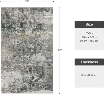 GENIMO 3x5 Rug for Entryway Washable Area Rug, Modern Abstract Small Rugs for Entrance Living Room, Bedroom Beside Rugs, Non-Slip Low Pile Lightweight Soft Carpet, Black Grey