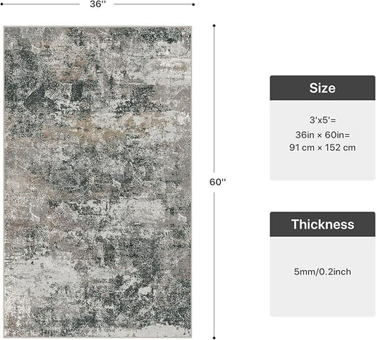 GENIMO 3x5 Rug for Entryway Washable Area Rug, Modern Abstract Small Rugs for Entrance Living Room, Bedroom Beside Rugs, Non-Slip Low Pile Lightweight Soft Carpet, Black Grey