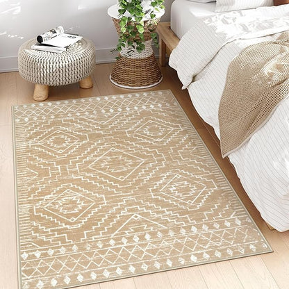 Wonnitar Moroccan Washable Area Rug 4x6, Non-Slip Rugs for Living Room, Boho Bedroom Throw Mat, Geometric Low Pile Floor Carpet for Home Office Mudroom Kitchen (Kakhi,4'x6')