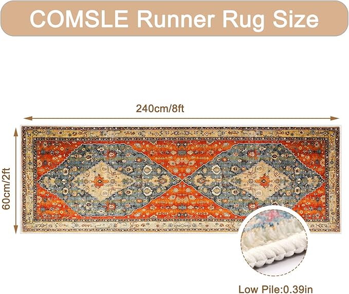 COMSLE Boho Runner Rug, 2' x 8' Washable Rugs for Hallway Faux Wool Small Kitchen Area Rug Distressed Throw Rug Non-Slip Laundry Room Rug Carpet Runner for Entryway Indoor Bedroom