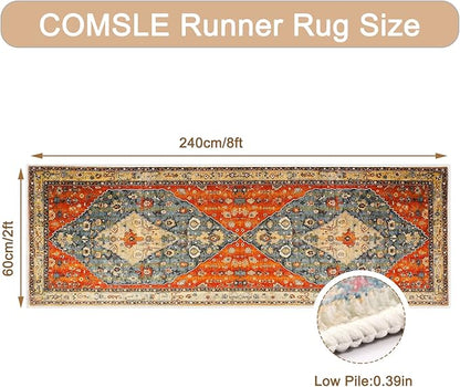 COMSLE Boho Runner Rug, 2' x 8' Washable Rugs for Hallway Faux Wool Small Kitchen Area Rug Distressed Throw Rug Non-Slip Laundry Room Rug Carpet Runner for Entryway Indoor Bedroom