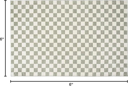 Revival Rugs Gambit 6'7"x9' Checkered Rug Washable Area Rug for Living Room Bedroom - 100% Recycled Oeko-TEX Certified, Medium Pile, Green, Beige
