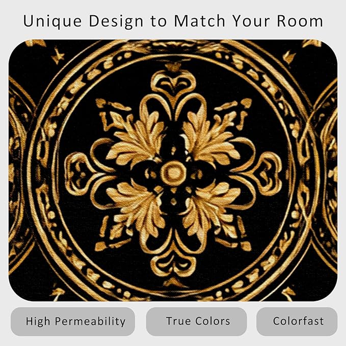 Black Gold Baroque Rug, Washable 6x9 Rug for Living Room, Floral Geometric Patterned Indoor Carpet, Black Gold Baroque Decor for Home, Bedroom, Soft Non Slip Thin Design FER71
