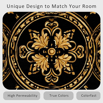 Black Gold Baroque Rug, Washable 3x5 Rug for Living Room, Floral Geometric Patterned Indoor Carpet, Black Gold Baroque Decor for Home, Bedroom, Soft Non Slip Thin Design FER64