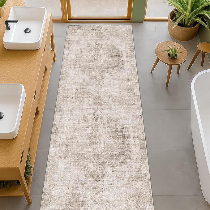Non Slip 10ft Long Hallway Runner Rug - Beige Brown 2 x 10 Runner Rug, Washable & Waterproof 2x10 Kitchen Floor Mat - Modern Abstract Design Décor