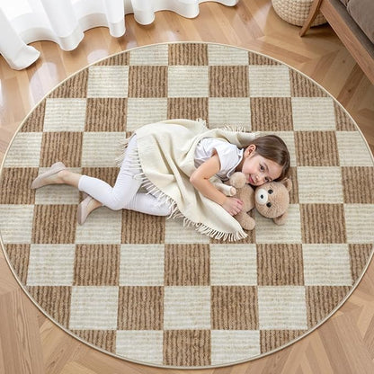 LIVEBOX Checkered Round Rug 6 Ft Washable Area Rug for Playroom, Kids Non-Slip Neutral Classic Circle Rug Geometric Large Carpet Soft Boys Rug for Classroom Dorm Bedroom(Brown,180R)