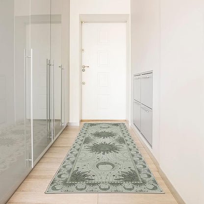 Ambesonne Sun and Moon Decorative Rug, Bohemian Artwork Design of Crescent Solar Ornament Esoteric Stars Ornaments, Quality Carpet for Bedroom Dorm and Living Room, 2' 5" x 7' 5", Pale Reseda