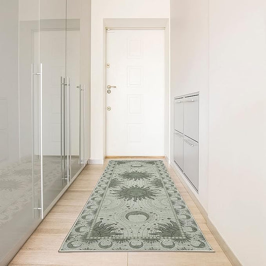 Ambesonne Sun and Moon Decorative Rug, Bohemian Artwork Design of Crescent Solar Ornament Esoteric Stars Ornaments, Quality Carpet for Bedroom Dorm and Living Room, 2' 5" x 7' 5", Pale Reseda