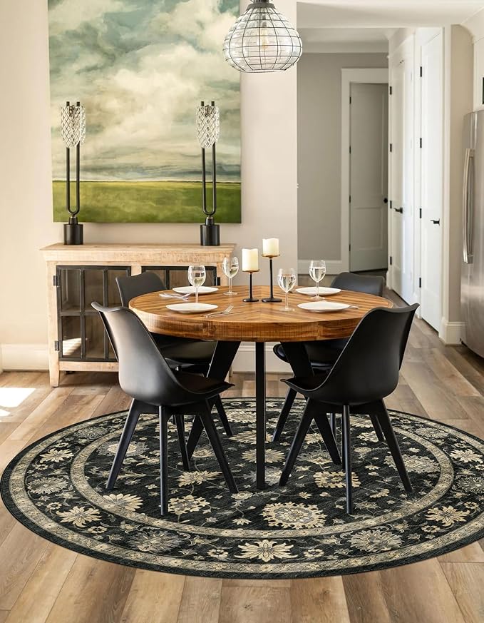 Washable Round Area Rug 4ft - Charcoal Black Traditional Floral Living Room Circle Rug 4x4 Non-Slip Farmhouse Carpet Soft Vintage Boho Round Rugs for Bedroom Bathroom Kitchen Entryway