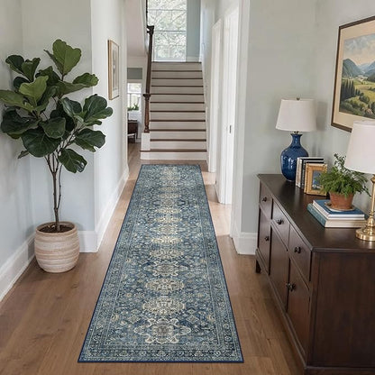 Bavni Washable Runners for Hallways 2X10, Ultra-Thin Non Slip Long Runner Rug, Print Vintage Aesthetic Carpet Runner, Low Pile Rugs for Kitchen Porch Bedroom, Blue